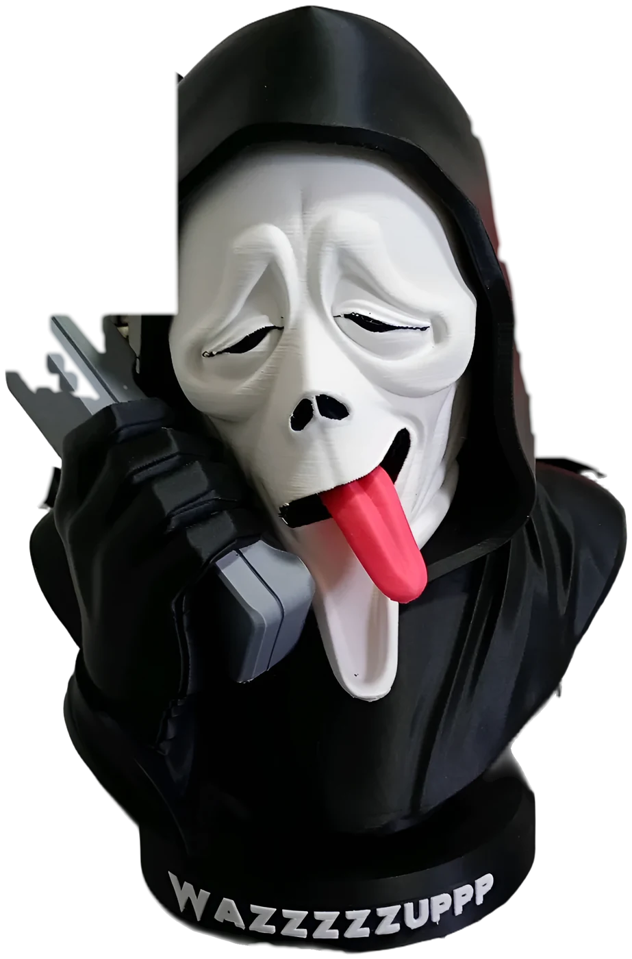 Busto do Ghostface ao telefone com a frase Wazzzzupp na base